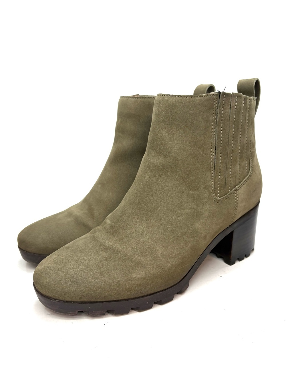 Vionic Wilma Waterproof Olive Green Leather Ankle Booties | 8.5